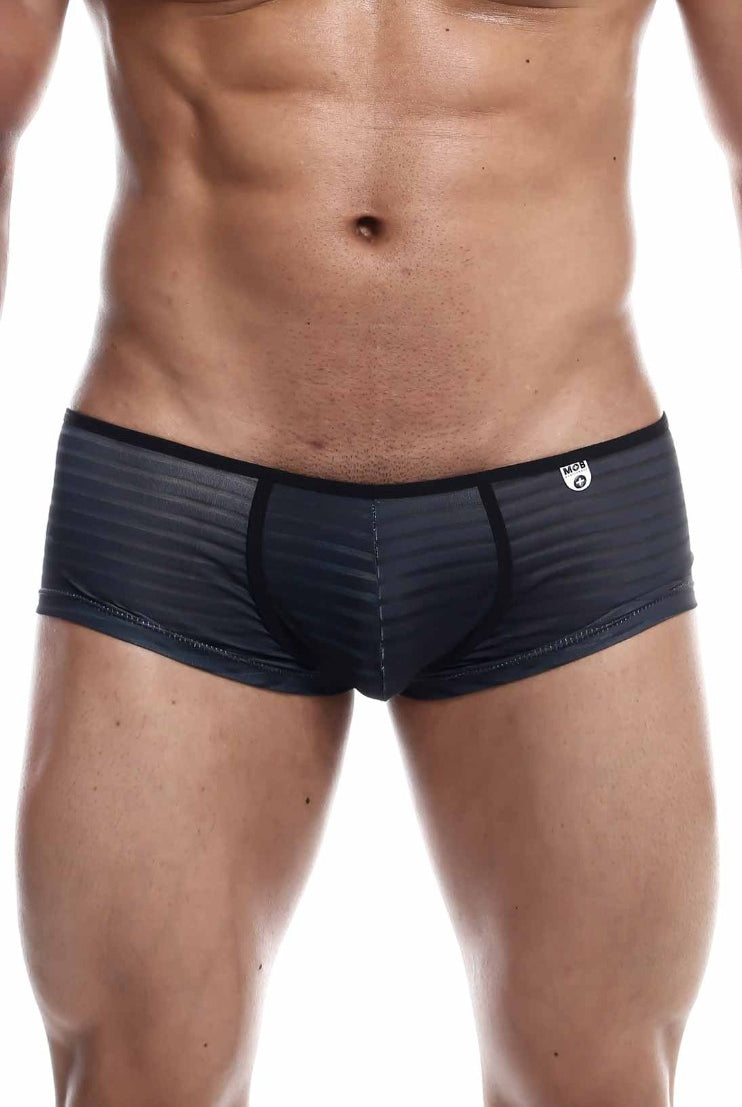 Men's low-rise underwear showcasing a snug fit with central seam for definition, designed with sweat-wicking technology for optimal comfort.