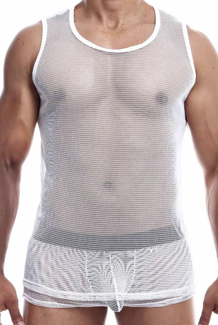 Mesh fishnet tank top showcasing muscular definition, perfect for evening events or edgy everyday wear.
