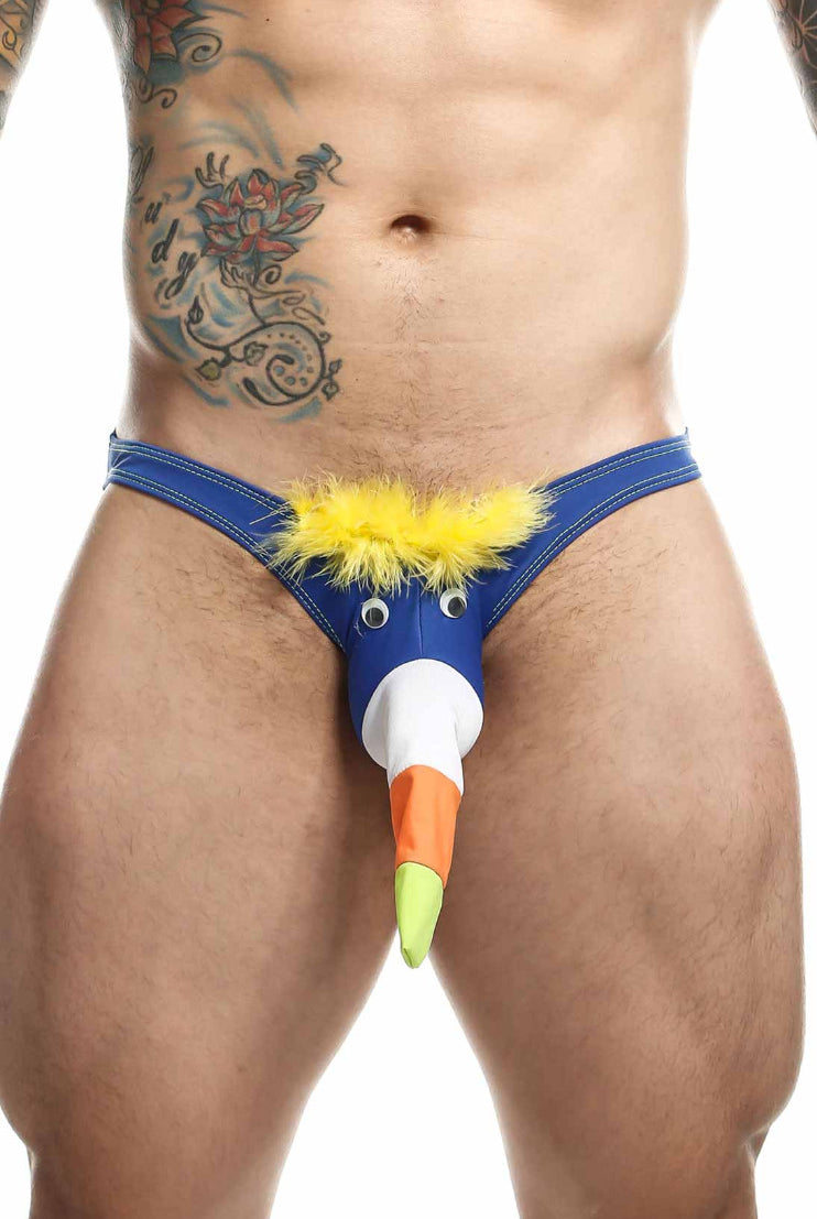 MOB Bikini Tucan by Malebasics in polyester Lycra, designed in Canada and ethically made in Colombia, adorned with the 'Sexy Novelties' label.