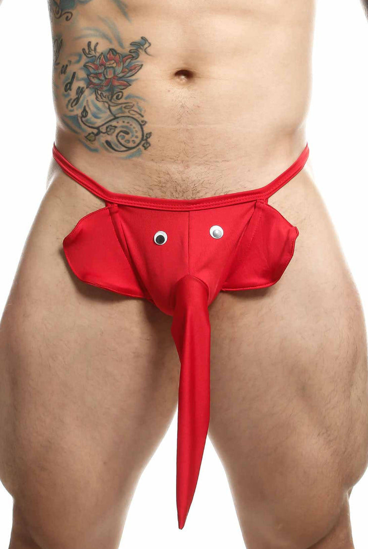 MOB Elephant Thong in polyester Lycra, featuring an artistic elephant design, ethically produced in Colombia and envisioned in Canada.