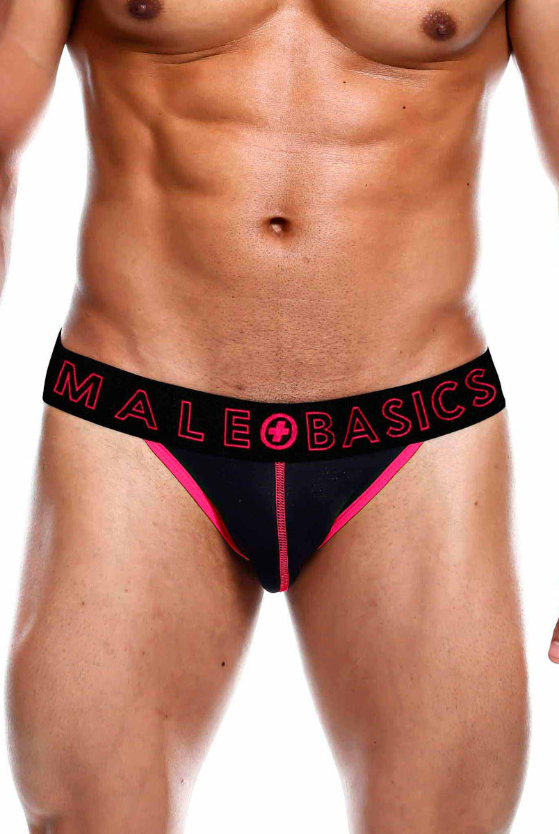 MaleBasics Neon Jockstrap in vibrant shades of yellow, red, pink, and blue. Made from high-quality polyester spandex, offering a snug fit and highlighting the wearer's attributes with style and comfort.