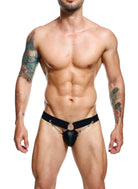 Dngeon Chainlink Jockstrap in sleek faux leather with distinctive chain-link pouch detailing, designed in Canada and ethically made in Colombia, available in classic black and multiple colors.