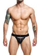 Dngeon Peekabo Jockstrap in premium faux leather, featuring a supportive and breathable front pouch and minimalistic back, ethically crafted in Colombia and influenced by Canadian design, available in multiple colors.