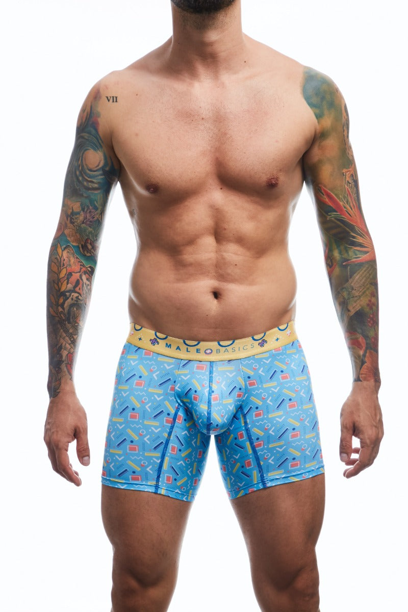 Boxer brief hipster collection printed with geometric forms in blue and yellow color front view