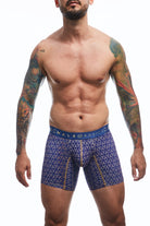 Boxer brief hipster collection printed with geometric forms in blue color front view