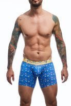 Boxer brief hipster collection printed with geometric forms in blue and yellow color front view