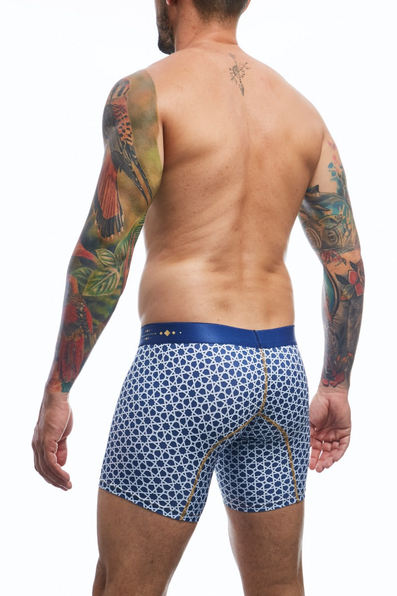 Boxer brief hipster collection printed with geometric forms in blue color back view