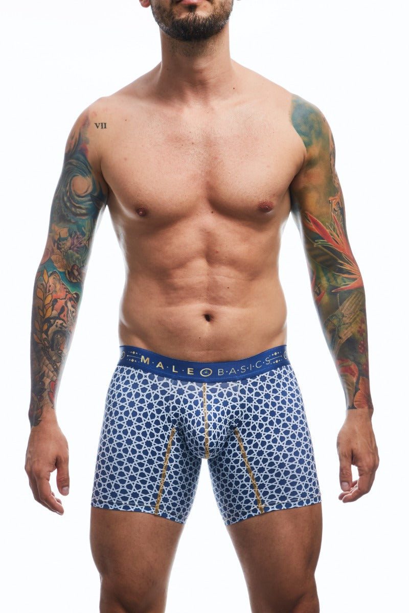 Boxer brief hipster collection printed with geometric forms in blue color front view