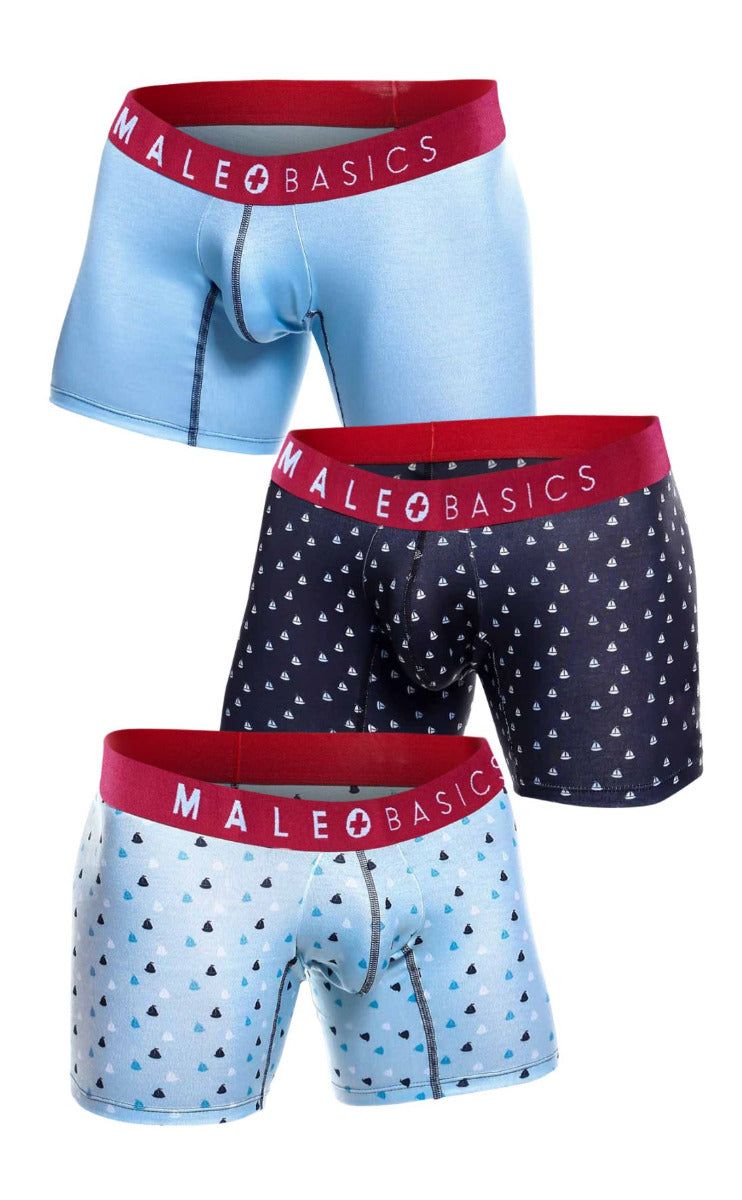 MaleBasics boxer brief made from sublimated viscose, showcasing unique patterns like Boats and Stache, designed for comfort and style.