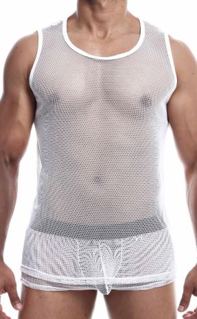 Mesh fishnet tank top showcasing muscular definition, perfect for evening events or edgy everyday wear.
