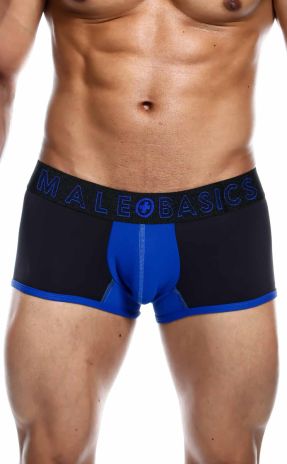 Malebasics neon trunk in vibrant shades of Coral, Neon Yellow, Red, and Royal, crafted from innovative Tabita/Tecno fabric. A fusion of modern design and advanced technology, offering a soft, stretchy, and quick-drying experience, complemented by a suppor