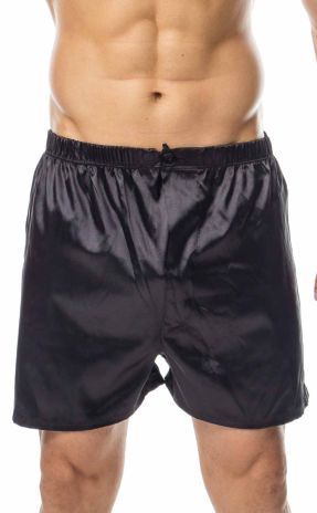 Premium mens satin shorts black front view.