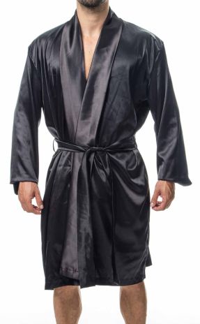 Satin weave robe Black front view