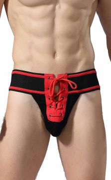 MOB Fetish Football Jockstrap in vibrant royal and red, crafted from premium polyester lycra, merging audacious design with luxury and ethical craftsmanship.