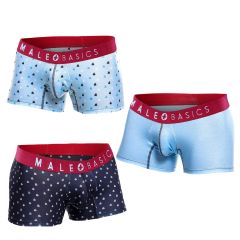 Three pairs of MaleBasics briefs in different designs, made of 96% cotton and 4% elastane, offering a snug fit, breathable comfort, and a supportive front pouch. Ideal for sports, daywear, and night outings.