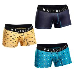 Three pairs of MaleBasics briefs in different designs, made of 96% cotton and 4% elastane, offering a snug fit, breathable comfort, and a supportive front pouch. Ideal for sports, daywear, and night outings.