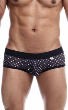 Playful patterned underwear highlighting a snug fit, itch-free comfort, and a cheeky peek-a-boo bum exposure, designed for both style and functionality.