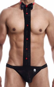 Elegant tuxedo lace thong with a jock strap back, capturing a balance of bold dominance and playful allure, designed for standout moments.