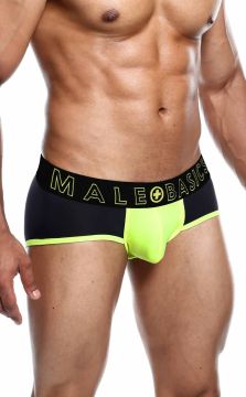 Neon front pouch briefs with soft contrasting black fiber. Features breathable and moisture-wicking technology, stretchy fabric with a classic cozy stitch, and a thick elastic waistband. Designed for comfort, support, and a stylish look.