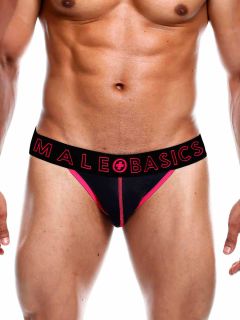 MaleBasics Neon Jockstrap in vibrant shades of yellow, red, pink, and blue. Made from high-quality polyester spandex, offering a snug fit and highlighting the wearer's attributes with style and comfort.