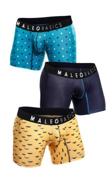 MaleBasics boxer brief made from sublimated viscose, showcasing unique patterns like Boats and Stache, designed for comfort and style.